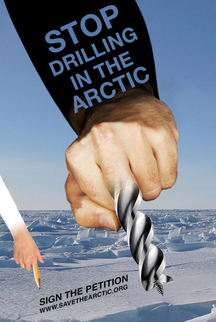 a hand fist with the middle finger as a drillbit pointing to the arctic ice and another hand as a pencil