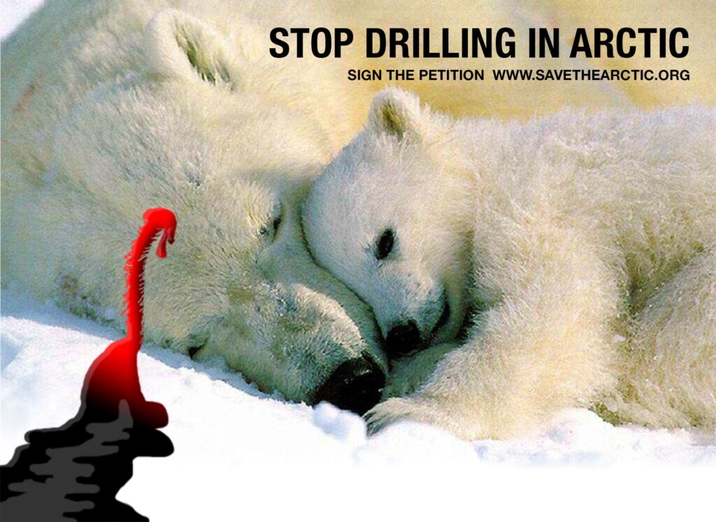 dead polar bear with a cub bleeding oil